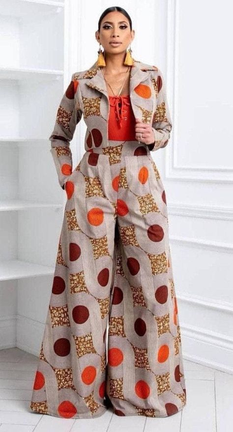 African Print Overalls, Cardi B Casual Outfits, African Trouser Suit For Women, Two Piece Outfits Pants Classy Ankara, Ankara Pants Suits For Women, Palazzo Pants Outfit Work, Ankara Two Piece Outfit Pants, Ankara Palazzo Pants And Top, Yellow Outfit Black Women