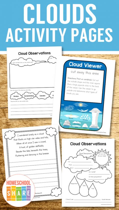 Free Printable Cloud Worksheets - Homeschool Share Weather Lapbook, Cloud Activities, Weather Activities For Kids, Weather Worksheets, Weather Words, Weather Science, Weather Unit, Homeschool Worksheets, Homeschool Freebies