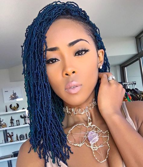 Small Blue Medium Length Faux Locs Faux Hairstyles, Lock Styles, Short Loc Styles, Faux Locs Styles, Future Hairstyles, Crochet Faux Locs, Short Locs Hairstyles, Marley Hair, Faux Locs Hairstyles