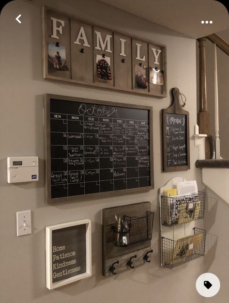 Kitchen Calendar Wall Farmhouse, Quick Decorating Ideas Diy Home, Organization Board Wall Kitchen, Entryway Command Center Ideas, Farmhouse Kitchen Menu Board, Farmhouse Command Center Ideas, Entryway Calendar Decor, Small Built In Desk Ideas, Organizational Wall Ideas