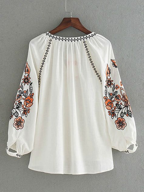 Embroidery In Blouse, Estilo Hippie, Designer Kurtis, Mode Boho, Trendy Fashion Tops, Embroidered Clothes, Women Blouses, Tie Blouse, Kurta Designs