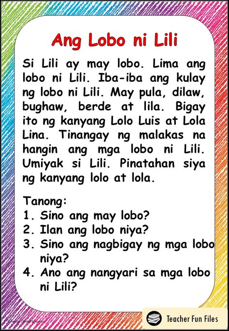 Teacher Fun Files: Filipino Reading Materials with Comprehension Questions Reading Month Poster, Poster Making Contest, Reading Comprehension Grade 1, Reading Practice Worksheets, Elementary Reading Comprehension, Teacher Fun Files, 1st Grade Reading Worksheets, Remedial Reading, Tagalog Words