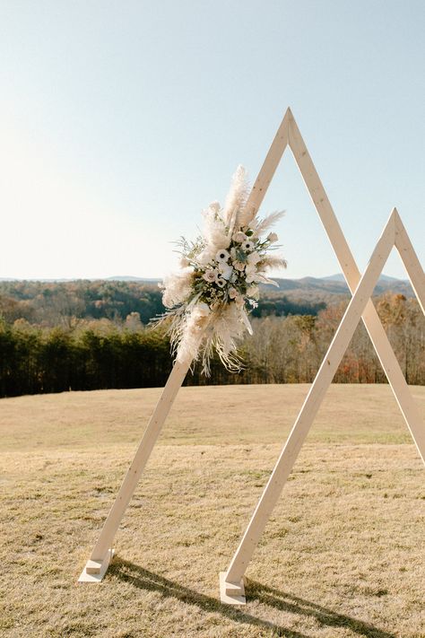 Triangle Wedding Arbor, Mountain Boho Wedding, Wedding Table Backdrop Ideas, Biblical Declarations, Boho Mountain Wedding, Engagement Party Backdrop, Arbor Arch, Floating Down The River, Mountain Wedding Decor