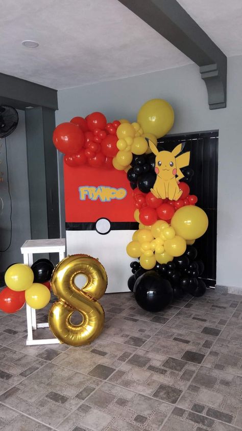 Pokemon Birthday Party Backdrop, Pokemon Party Backdrop, Pikachu Decorations Party Ideas, Pikachu Birthday Party Decorations, Pokemon Photo Booth, Pokemon Balloon Garland, Pokemon Backdrop, Pokemon Birthday Party Decorations, Pokemon Party Decorations