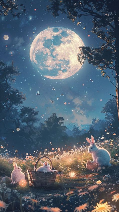 Transform your phone screen with this dreamy Easter night wallpaper. Perfect for adding a touch of whimsy to your device this holiday season. 🌙🐇🌸 #EasterWallpaper #PhoneBackground #NightSky #DreamyEaster 📱 Night Phone Wallpaper, Pastel Background Wallpapers, Rabbit Wallpaper, Cute Home Screen Wallpaper, Cute Home Screens, Night Illustration, Easter Backgrounds, Night Wallpaper, Easter Wallpaper