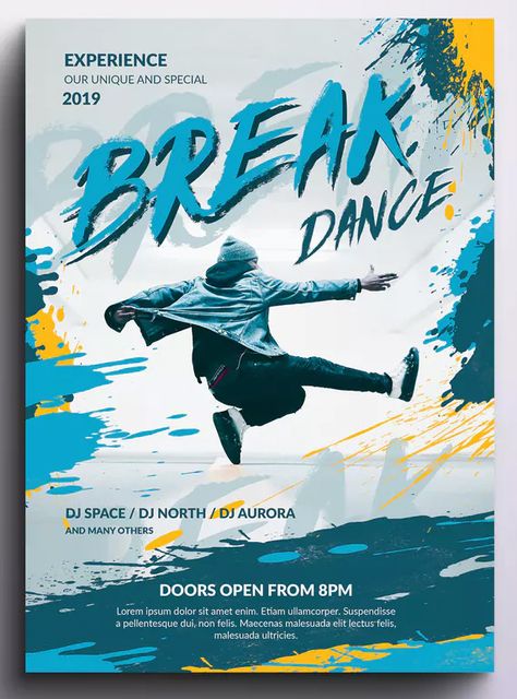 Break Dance Poster and Flyer Design Template PSD. Download Dance Event Poster, Dance Poster Design, Poster Design Kids, Event Poster Template, New Flyer, Dance Event, Hand Lettering Inspiration, Dance Poster, Event Poster Design