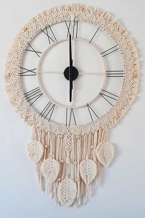 Macrame Clock, Simpul Makrame, Pola Macrame, Macrame Mirror, Handmade Wall Clocks, Macrame Knots Pattern, Macrame Wall Hanging Diy, Macrame Wall Hanging Patterns, Macrame Hanger