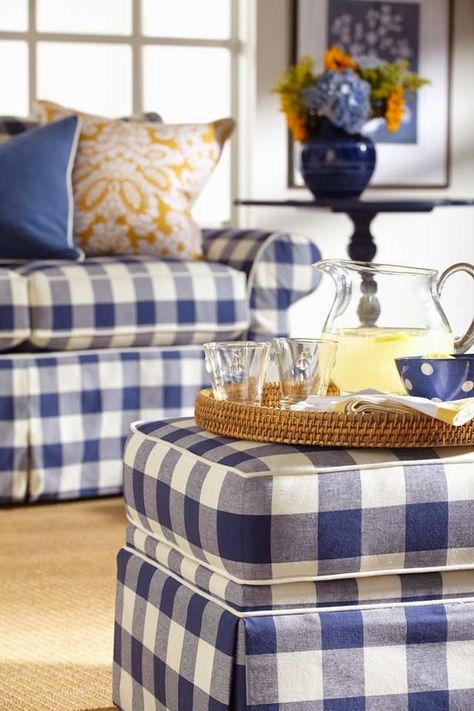 As the title says this post spotlights blue and white buffalo plaid interiors but let's first have a history lesson to learn more of th... Checked Sofa, French Country Living Room, Blue White Decor, Country Living Room, White Living, Blue Rooms, Blue Decor, Farmhouse Living, White Decor