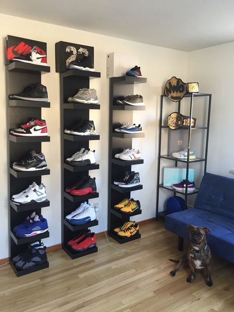 I revamped my sneaker room and my boy wanted to make sure he got in the pic! [Collection] Sneakerhead Room, Sneaker Displays, Hypebeast Room, Sneaker Storage, Closet Shoe Storage, Shoe Room, Shoe Wall, Shoes Ideas, Small Hallways