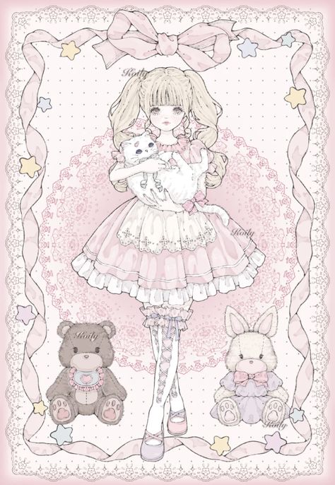 Chinese Artist Digital Art, Koily Artist, Cute Doll Wallpaper, Dibujos Soft Cute, Doll Art Drawing, Cute Doll Drawing, Pink Aesthetic Drawing, Soft Pink Art, Digital Art Kawaii