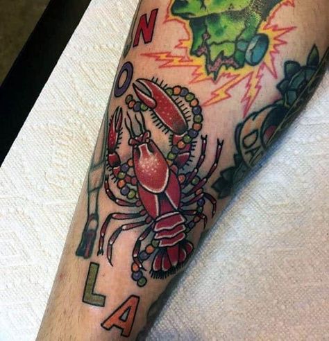 Cool Male Forearm Red Crawfish Tattoo Designs Crawfish Tattoo, Louisiana Tattoo, New Orleans Tattoo, Louisiana Culture, Traditional Style Tattoo, Louisiana Art, Tattoo Designs For Men, Fairy Tattoo, Crustaceans