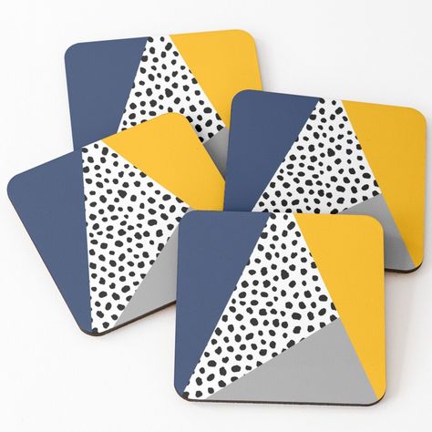 High-quality drink coasters with vibrant one-sided print and glossy finish. Made from lightweight masonite board with cork backing. Available in sets of 4. Perfect for hot and cold drinks. A contemporary, colourful pattern with triangles and polka dot. Complementary colours of blue, mustard yellow and grey make for an on trend design. Simple Coaster Design, Painted Coasters Square, Coasters Design Ideas, Coaster Design Ideas Painted, Ceramic Coaster Painting Ideas, Painted Coaster Ideas, Wood Coasters Diy Painted, Coaster Design Painted, Painting Coasters Ideas