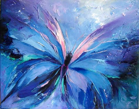 I love this beautiful blue butterfly painting, the colors are amazing! Looks like palette knife painting. Soyut Sanat Tabloları, Blue Abstract Art, Tableau Art, Simple Acrylic Paintings, Butterfly Painting, Beginner Painting, Butterfly Art, Abstract Acrylic, Blue Butterfly