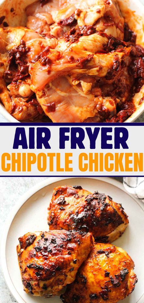 chipotle chicken thighs with text overlay Healthy Dinner Protein, Honey Chipotle Chicken Bowls, Instapot Chipotle Chicken Recipes, Chipotle Chicken Thigh Recipes, Diy Chipotle Bowl Chicken, Chipotle Flavored Chicken, Chipotle Chicken Thighs, Protein Rich Food, Chicken Thighs In Air Fryer