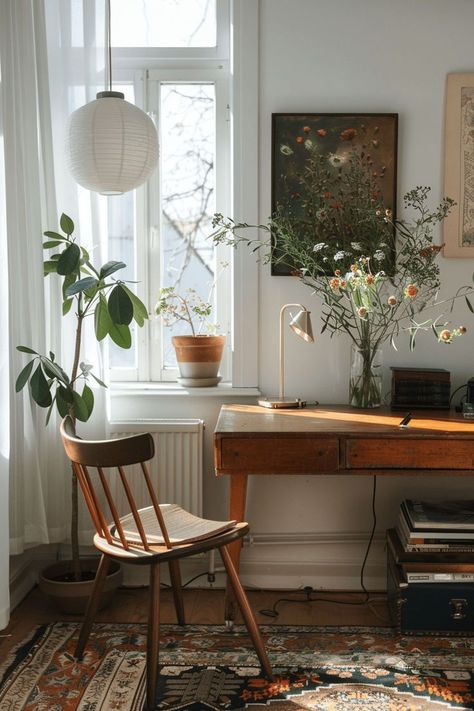 Uk Home Office, Simple Living Home, Light And Bright Home Office, Serene Home Office, Vintage Inspired Interior Design, Home Office Scandinavian Style, Natural Office Design, Vintage Office Ideas, Vintage Scandinavian Interior