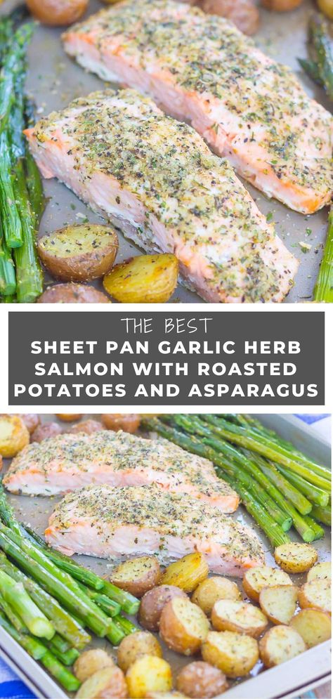 Roasted Potatoes Meal Dinners, Salmon And Roasted Potatoes, Salmon And Asparagus Sheet Pan Dinner, Macro Salmon Recipes, Roasted Salmon And Asparagus, Salmon Recipes Sheet Pan, One Pan Mediterranean Recipes, One Pan Salmon And Asparagus, Oven Roasted Salmon Sheet Pan