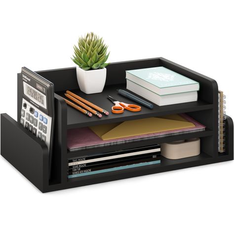 PRICES MAY VARY. DESKTOP ORGANIZER: Our office desk organizer features 3 horizontal paper trays and 2 side mail holder slots, allowing you to sort your mail, papers, folders, letters, and documents DESIGN: This black file organizer for desk is designed with minimalist clean lines for a modern look. The side file holder slots provide convenient storage for mail, files, and other essentials DETAILS: Our paper organizer for desk comes with non-slip felt feet to minimize movement and safeguard your Desk Paper Organizer, Bookcase Ladder, Desktop File Organizer, Mail Sorter, Paper Organizer, Printer Stands, File Organizer, Letter Tray, Shelf Furniture