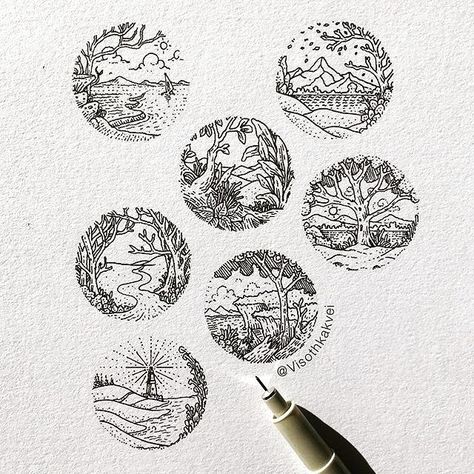 More amazing tiny sketches with Micron Pens by @visothkakvei. So cute #sketch #miniatures #pigma #micronsketch #micronpens #vignettes #finelinerpen #supertiny #artistic #artistsoninstagram #sakuramicronpen #potterandmason Sketches Landscape, Micron Pen Art, Tiny Landscape, Fineliner Art, Arte Doodle, Micron Pen, Circle Drawing, Seni Cat Air, 3d Drawings