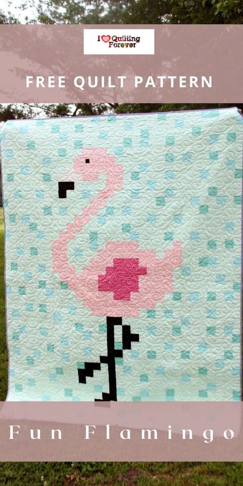 Free Quilt Pattern: Fun Flamingo Quilt Bird Quilt Patterns, Easy Quilt Patterns Free, Pixel Quilt Pattern, Flamingo Quilt, Pixel Quilting, Turtle Quilt, Feather Quilt, Puff Quilt, Quilt Block Patterns Free