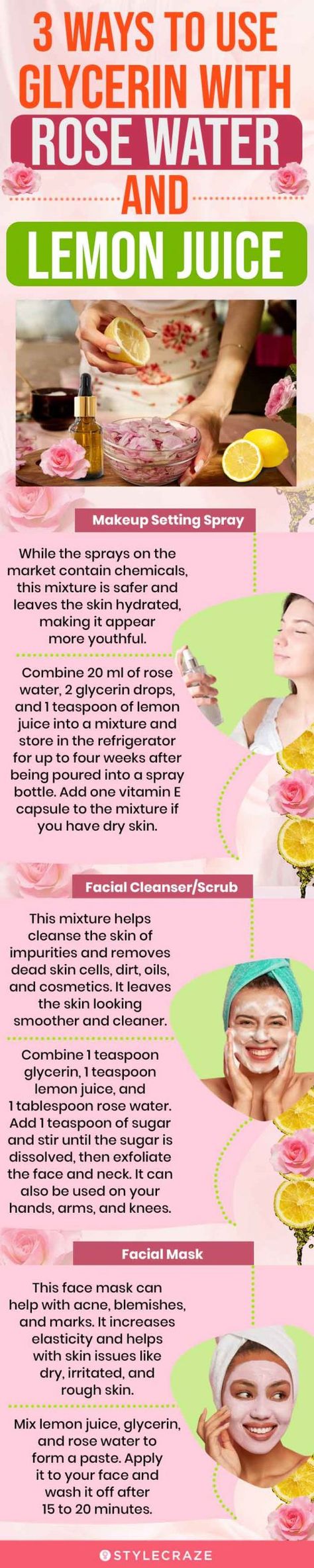 4 Simple Ways To Use Glycerin With Rose Water And Lemon Juice Glycerine And Rose Water For Face, Glycerin Face, Water Moisturizer, Lemon On Face, Vitamin E Capsules, Cleaning Guide, Makeup Setting Spray, Diy Skincare, Setting Spray