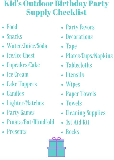 Kid's Birthday Party Checklist | Detailed Wife Organized Life Birthday Party Checklist Kids, Kids Birthday Party Checklist, Party Essentials List, Party Supply List, Birthday Party Supplies Checklist, Park Birthday Party Ideas, Party Supplies Checklist, Park Birthday Party, Bonfire Birthday