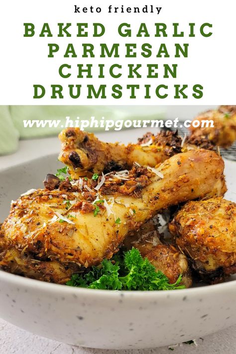 baked chicken drumsticks in a bowl garnished with fresh parsley and parmesan cheese Low Carb Chicken Drumsticks, Quick Easy Drumstick Recipe, Parmesan Crusted Chicken Drumsticks, Parmesan Chicken Drumsticks Oven Baked, Garlic Chicken Drumstick Recipes, Best Baked Drumsticks, Keto Drumsticks Recipes, Garlic Parm Drumsticks, Baked Drum Sticks Oven