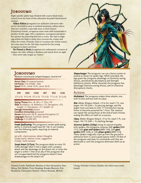 New monster, Jorogumo - The Japanese Succubus! Just got done putting this one through some exciting playtesting, and is ready for your homebrewing pleasure. Humanoid Monstrosity, 5e Monsters, Homebrew Monsters, Dnd Stats, Monster Ideas, Dnd Homebrew, Dnd Classes, Dnd Races, Dungeons And Dragons 5e