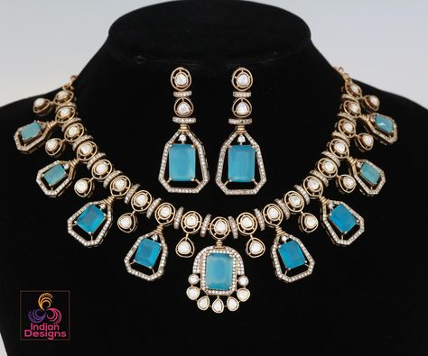 Victorian Gold Polish Kundan Necklace Set| Uncut Polki Diamond Kundan stone Necklace| Indian Wedding Bridal statement Necklace|Gift for her Bridal Statement Necklace, Emerald Green Stone, Kundan Necklace Set, American Diamond Jewellery, American Diamond Necklaces, Oxidized Necklace, Necklace Indian, Bangle Ring, Bleu Violet