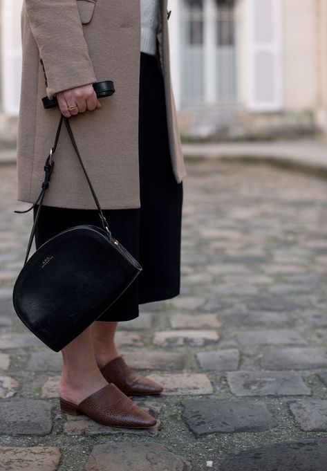 APC half-moon bag, Aritzia culottes, Oak + Fort mules Apc Half Moon Bag, Apc Demi Lune Bag Outfit, Apc Bag Outfit, Apc Demi Lune, Uniqlo Coat, Apc Bag, Parisian Doors, Crossbody Bag Outfit, Oak Fort