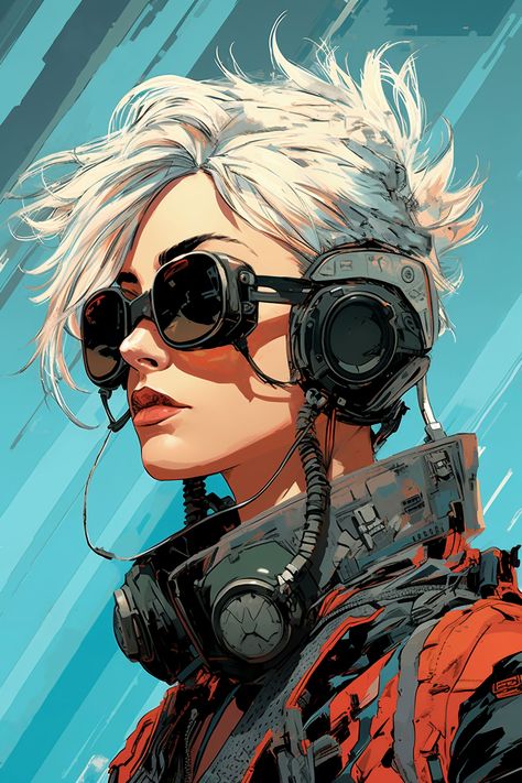 Digital illustration of a young, beautiful cyberpunk woman with blond hair. She is wearing fancy googles and futuristic suit. Lancer Pilot Character Art, Scifi Pilot Female, Female Punk Character Art, Cyberpunk Character Inspiration, Cyberpunk Technician, Cyberpunk Character Concept Art, Space Pilot Character Design, Mecha Pilot Character Design, Female Pilot Art