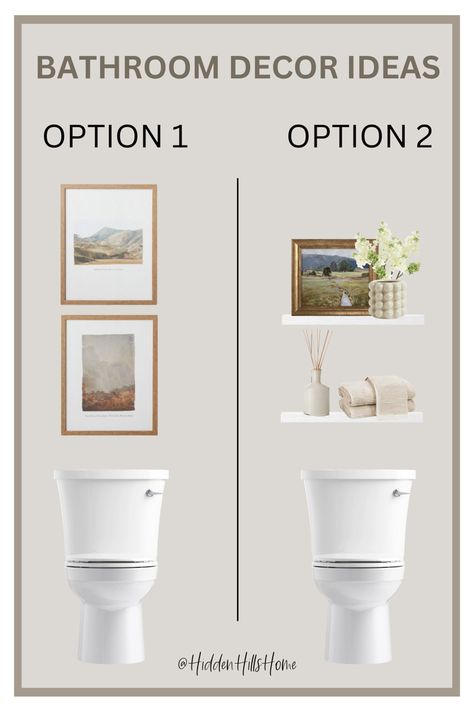 Bathroom decor ideas for above the toilet! Bathroom White Shelves Over Toilet, Bracket Shelves Above Toilet, Wall Art Over Toilet, Powder Room Over Toilet Ideas, Art For Above Toilet, Top Flush Toilet Decor, Half Bath Above Toilet Decor, Styling Above Toilet, Bathroom Photo Decor