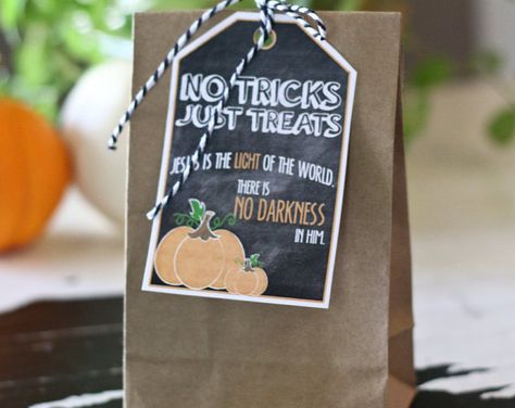 no tricks just treats - light the night with Jesus printable Christian Halloween Treats, Jesus Is The Light, Halloween Alternatives, Church Halloween, Fall Festival Games, Christian Halloween, No Tricks Just Treats, Halloween Goodie Bags, Harvest Party