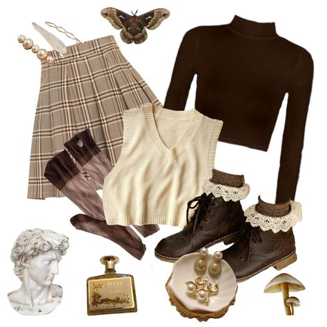 Brown Academia Aesthetic, Academia Aesthetic Outfit, Academia Outfits, Cottagecore Outfits, Best Dress, Romantic Outfit, Date Nights, Swaggy Outfits, Aesthetic Outfit