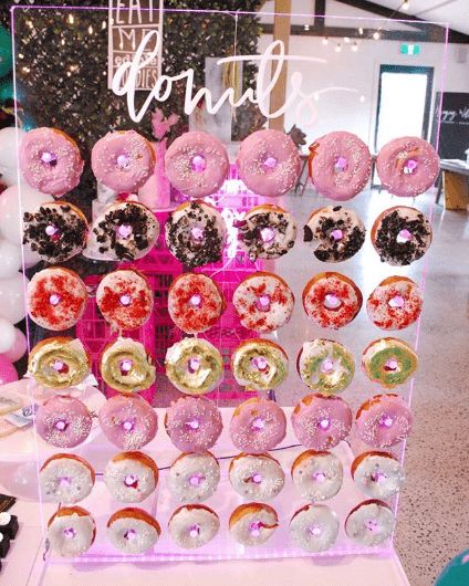 A Donut-licious Themed Quinceanera Quinceanera Ideas Themes Unique, Donut Walls, Doughnut Wall, Acrylic Backdrop, Quince Themes, Quinceanera Pink, Sweet 16 Themes, Quinceanera Favors, Quinceanera Planning