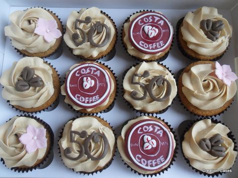 'Costa Coffee' themed cupcakes  www.creationcakes.org.uk Mums Birthday, Costa Coffee, Themed Cupcakes, Mum Birthday, Bake Sale, Cake Ideas, No Bake Cake, Birthday Cake, Baking