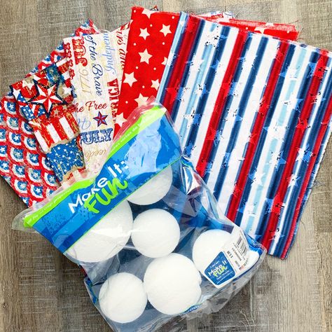 Patriotic Rag Balls | Creating Me Diy Bowl Fillers, Decor Balls, Rag Balls, Diy Projects To Make And Sell, Patriotic Diy, Americana Crafts, Rag Garland, 4th July Crafts, Clear Vase