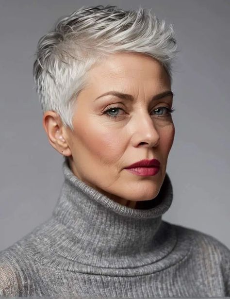 Cool Grey Hair Women, Funky Grey Hairstyles Over 50, Cropped Blonde Hair, Short Grey Hairstyle Women, Pixie Over 60 Older Women, Short Gray Hair With Lowlights Over 50, Short Pixie Cuts For Older Women, Short Funky Hairstyles For Women, Back Of Short Hair