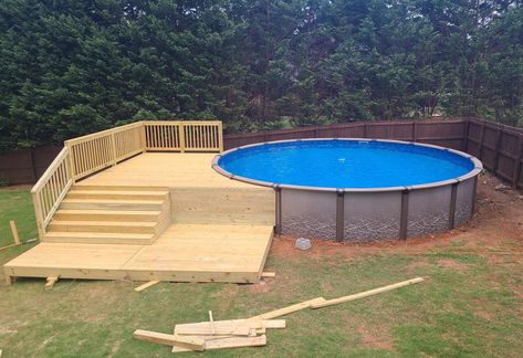 Circle Pool Deck, Above Ground Pool Furniture Ideas, Upper Ground Pool Ideas, Platform Pool Deck, Two Level Pool Deck, Above Ground Pool And Deck, Above Ground Pool Deck Ideas Attached To House Multi Level, Above Ground Pool Set Up, Easy Pool Decks For Above Ground Pools