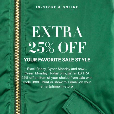 Interesting idea for an email coupon... Product detail + test overlay. | Rise & shop! It's Green Monday Green Monday, Address Book, Price Offer, Mobile Application, Promotion, Gift Card, Green