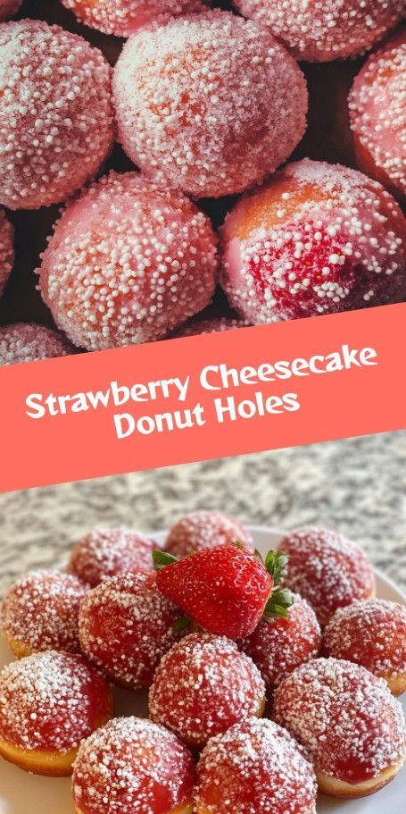 Indulge in Strawberry Cheesecake Donut Holes – a delicious blend of creamy cheesecake and fresh strawberries in every bite! Perfect for breakfast or dessert, these easy-to-make donut holes are sure to impress at any gathering. Recipe includes simple ingredients like cream cheese, strawberry jam, and more. Enjoy the sweet flavors with this delightful treat! Cheesecake Donut, Strawberry Cheesecake Ice Cream, Caramel Rolls, Sugar Donut, Cheesecake Ice Cream, Cinnamon Sugar Donuts, Crumble Bars, Donut Holes, Meringue Pie