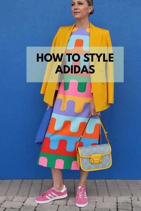 Blair Eadie style adidas gazelle shoes. Fashion blogger how to style ideas. Outfit With Gazelle Adidas, Dress With Adidas Sneakers Outfit, Colorful Sneakers Outfit Street Style, Purple Gazelle Adidas Outfit, Adidas Bold Gazelle Outfit, Gazelle Shoes Outfit, Style Adidas Gazelle, Gazelle Bold Outfit, Colorful Sneakers Outfit