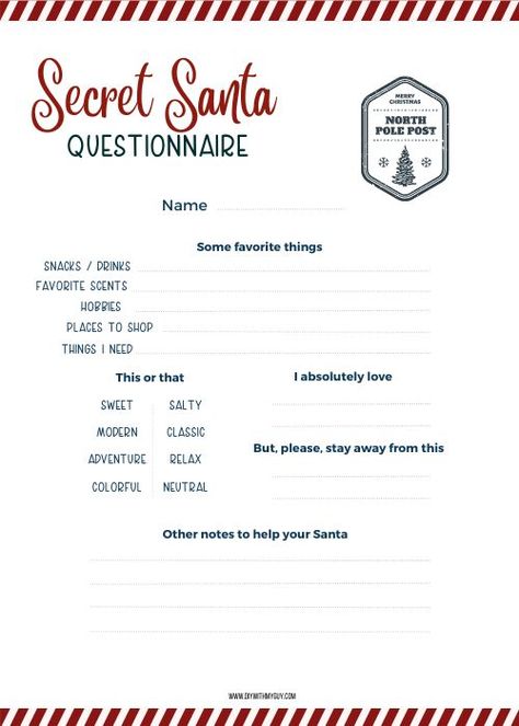 7 FREE Printable Secret Santa Questionnaires, Forms, & Tags - DIY With My Guy Free Printable Secret Santa Wish List, Secret Santa Questionnaire Free Printable, Secret Santa Questionnaire For Family, Free Secret Santa Questionnaire, Free Secret Santa, Secret Santa Questionnaire Printable, Printable Secret Santa Questionnaire, Secret Santa Questions, Secret Santa Templates