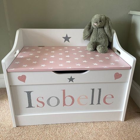 Hand painted personalised toy box Bench Toy Storage, Girls Toy Chest, Painted Toy Chest, Toy Chest Bench, Painted Toy Boxes, Toy Box Bench, White Toy Box, Personalised Wooden Toy Box, Childrens Toy Boxes