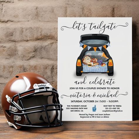 Tailgate Car Football Game BBQ Beer Couples Shower Invitation Hamburger Taco, Football Tailgate Party, Burger Party, Couples Shower Invitation, Football Tailgate, Checkered Tablecloth, Couples Shower Invitations, Football Helmet, Tailgate Party