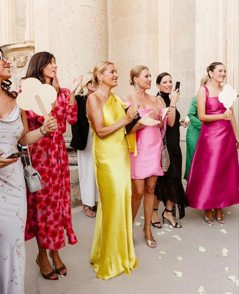 Colourful Black Tie Wedding, Bold Wedding Guest Outfit, Bright Wedding Guest Attire, Bright Color Wedding Guest Dress, Garden Wedding Party Outfit, Bold And Chic Wedding Guest, California Formal Wedding Attire, Whimsical Wedding Guest Dress, Disco Wedding Guest Outfit