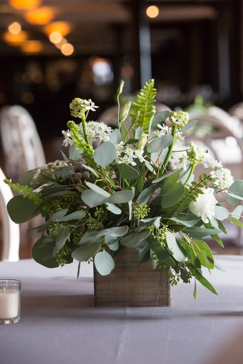 Small Greenery Centerpiece, Small Eucalyptus Centerpieces, Fern And Eucalyptus Centerpiece, Wooden Box Centerpiece Wedding, Wood And Greenery Decor, All Greenery Centerpieces, Wood Box Centerpiece Wedding, Green Plant Centerpieces, Green Table Centerpieces