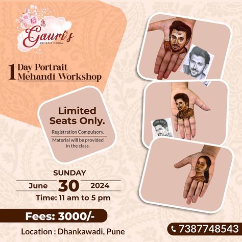 Enhance your skills with our 1 Day Portrait Mehandi Class on 30th June, Time 11 am to 5 pm. Registration Compulsory. Fees 3000/-. (Offline class) Limited Seats Only! 🌟 #Gaurisartisticheena #PortraitMehandiClass #OneDayWorkshop #MehandiArt #PortraitDesign #MehandiWorkshop #LearnPortraitMehandi Mehendi Artist, Latest Bridal Mehndi Designs, Portrait Design, Bridal Mehndi Designs, Bridal Mehndi, 1 Day, Mehndi Designs, Quick Saves, Instagram