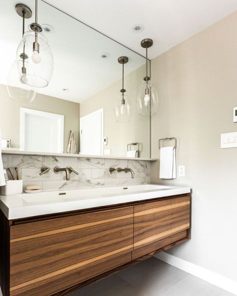 HB DESIGN on Instagram: “Typically when we ask our clients their preference for their double vanity between medicine cabinets, decorative mirrors or a large…” Mirror Over Double Sink Vanity, Bathroom Vanity Floating, High End Bathroom, Vanity Floating, Drawer Divider, Japanese Decor, Wall Mounted Bathroom Sink, Bathroom Decorating, Double Sink Vanity