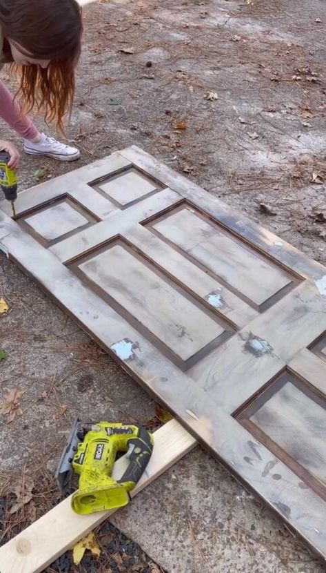 I have these solid wood doors in my home and I really wanted to add a window to let some natural light until my hallway. It was surprisingly easy and impactful! I had previously sanded and patched this old wood door. Then I drilled large holes in the corners of the trim boxes in order to fit my jigsaw blade. With my jigsaw I cut out the portion of the door where I intended on added the window. With a good stomp it was out! I was nervous since I now had a giant hole in my 1972 doo… How To Add Glass To A Solid Wood Door, Adding Window To Front Door, Front Doors With Glass Panels, Craftsman Window, Old Wood Doors, Metal Front Door, Window Inserts, Old Wooden Doors, Hollow Core Doors