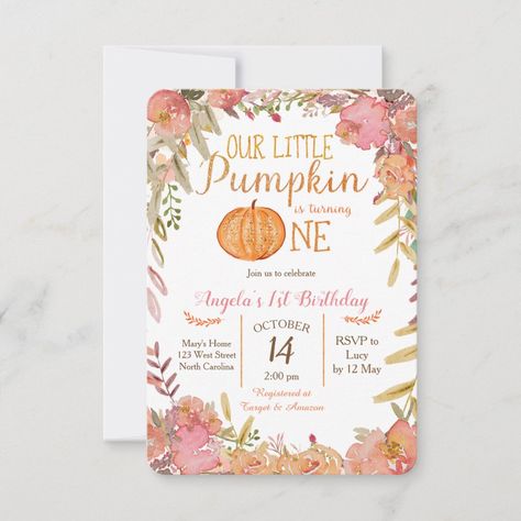 Rustic Pink Pumpkin First Birthday Invitation Pumpkin Birthday Party, Fall First Birthday, Fall 1st Birthdays, Pumpkin Birthday Parties, Pumpkin 1st Birthdays, Pumpkin First Birthday, Fall Birthday Parties, Autumn Invitations, Fall Girl